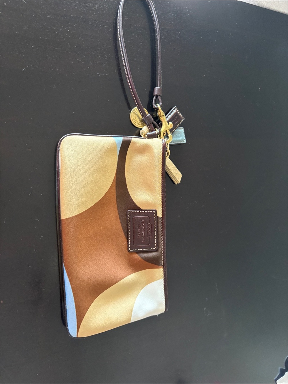 Coach Multicolor Abstract Leather-Trim Wristlet in Brown, Tan & Light Blue